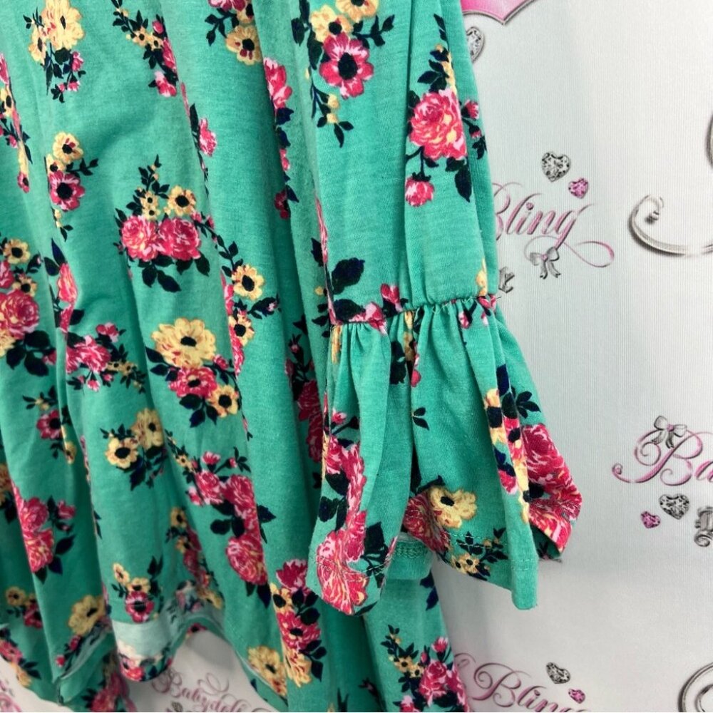 Bobbie Brooks long sleeve asymmetrical hem fairy flowers Teal Floral Blouse - Picture 4 of 14